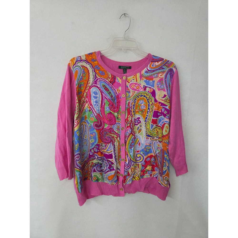 Lauren Ralph Lauren 3X Pink Paisley Silk Cashmere Cardigan Sweater 3/4 Sleeve